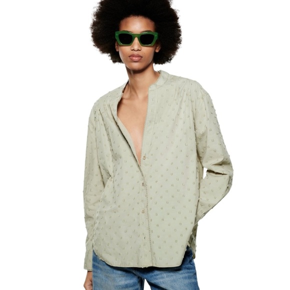 Zara Women Size M Blouse  V Neck Embroidered Long Sleeve Shirt Light Green olive - Picture 2 of 13